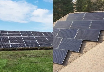 Picture of ground mounted panels side by side with roof mounted panels